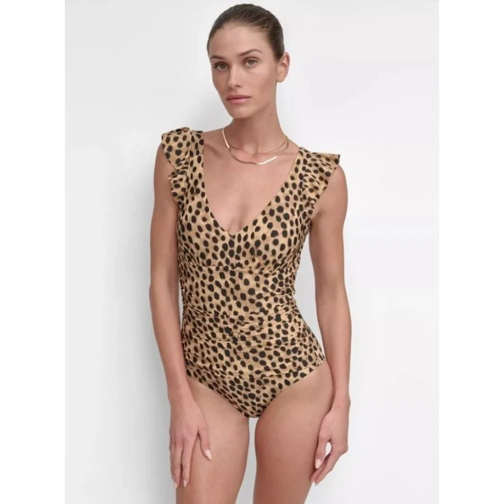 DKNY Womens Ruffled Shoulder VNeck Underwire OnePiece Leopard Print Swimsuit 2XL - Picture 2 of 9